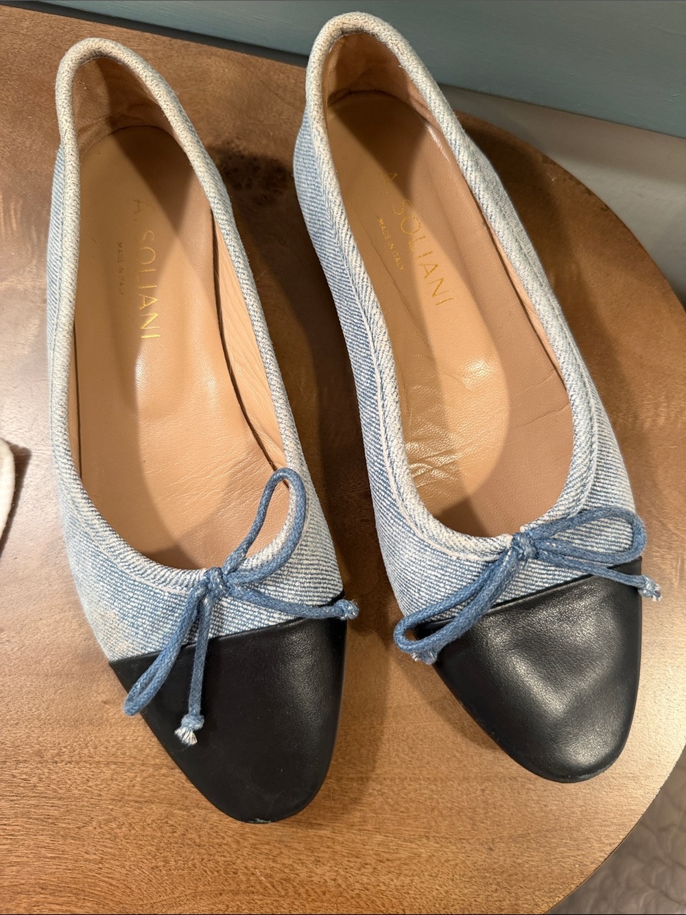 A. Soliani Denim Leather Cap Toe Ballet Flats Made in Italy